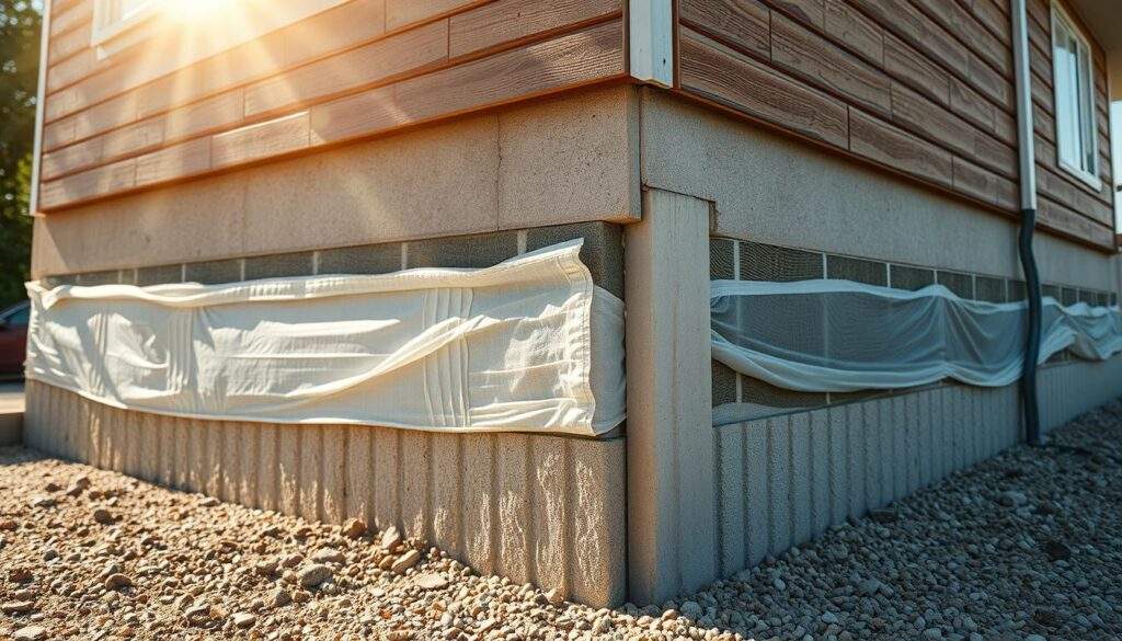 A sunlit, cross-section view of a residential building's foundation, showcasing the vertical and horizontal insulation systems. The camera is positioned low, capturing the intricate details of the foundation's structure, damp-proofing membranes, and thermal insulation materials. The lighting is natural and warm, highlighting the textural qualities of the construction materials, such as concrete, gravel, and waterproofing membranes. The overall scene conveys a sense of technical precision and the importance of proper foundation insulation in protecting against moisture, water, and heat loss.