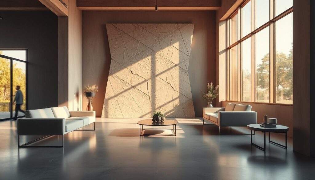 A visually striking photograph of a modern, minimalist interior featuring the unique properties of suporeks. Warm, natural lighting filters through large windows, casting a soft glow over the smooth, polished concrete floor and sleek, minimalist furniture. The focal point is a striking, angular suporeks panel on the far wall, its textured surface catching the light and creating a captivating play of shadows and highlights. The overall atmosphere is one of tranquility and sophistication, highlighting the premium quality and versatile applications of suporeks in contemporary design.