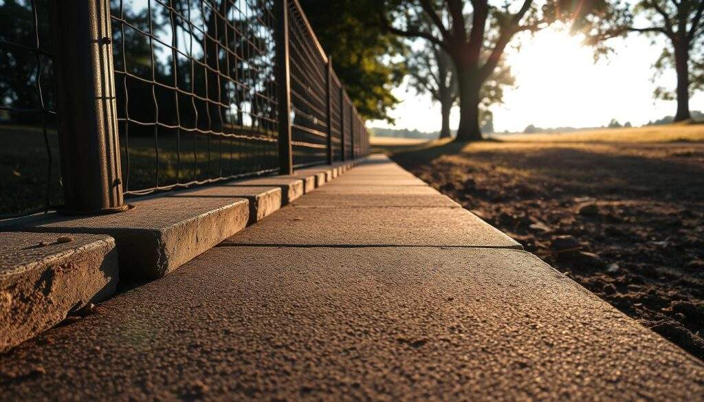 A weathered concrete foundation, its sturdy blocks stretching out in a smooth, continuous line, marks the path for a sturdy fence. Sunlight filters through the trees, casting a warm, natural glow over the scene. The camera, an iPhone 16 Pro Max, captures the textures and details with crisp clarity - the rough surface of the concrete, the sharp edges of the blocks, the gentle curves of the landscape. This is a realistic, documentary-style shot, showcasing the practical, functional nature of the foundation as an essential part of the overall fencing system. Ile kosztują fundamenty pod ogrodzenie