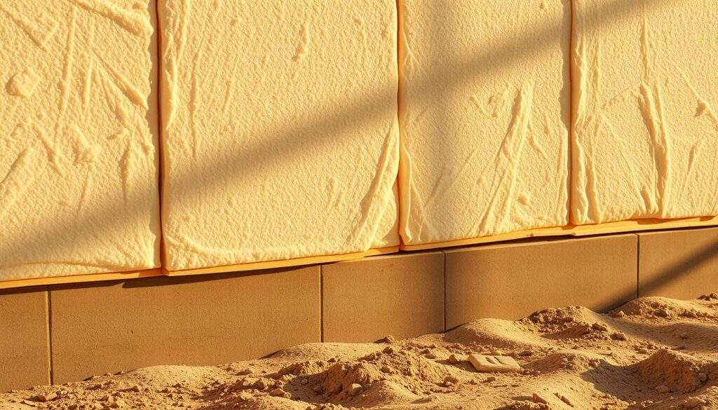 A well-insulated foundation, its styrofoam panels gleaming in the warm sunlight, stands as the sturdy base of an energy-efficient building. The neat, clean lines of the insulation create a visually appealing aesthetic, while the sturdy attachment to the concrete foundation ensures long-lasting protection against heat loss and moisture intrusion. Warm, diffused lighting casts gentle shadows, highlighting the importance of this crucial step in constructing a thermally-efficient home. Shot with an iPhone 16 Pro Max, this real-photography image captures the essential role of foundation insulation in achieving a sustainable, cost-effective structure.