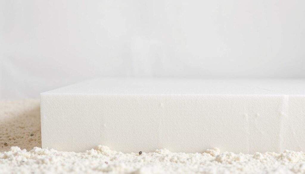 A well-insulated foundation with high-density, extruded polystyrene (XPS) foam, showcasing its superior thermal performance and durability. The image presents a clean, minimalist composition with the styrodur panel prominently displayed, bathed in soft, even lighting that highlights its smooth, uniform texture. The background is a neutral, slightly blurred setting, allowing the subject to take center stage. The camera angle is slightly elevated, providing a clear, unobstructed view of the styrodur board, emphasizing its thickness and sturdy construction. The overall mood is one of quality, reliability, and a commitment to efficient, long-lasting home insulation.