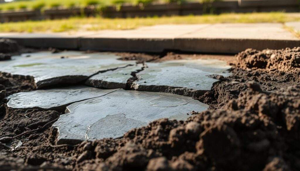 A well-lit, high-quality photography of a partially exposed concrete foundation, showcasing the need for secondary waterproofing. The scene depicts the ground around the foundation, with cracks and signs of water damage visible. The foreground features a close-up view of the foundation's surface, highlighting the porous and deteriorating concrete. The middle ground shows the transition from the foundation to the surrounding soil, while the background provides context, such as a grassy or landscaped area. The overall mood is one of concern, emphasizing the importance of addressing the foundation's vulnerability to moisture and the necessity of undertaking a proper secondary waterproofing process.