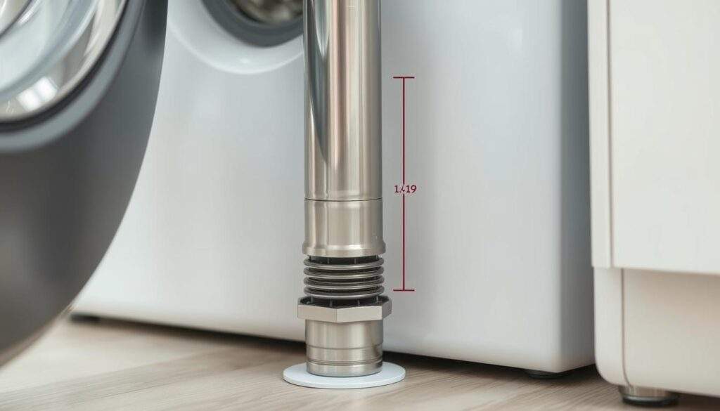 A well-lit, high-resolution close-up photograph of a modern washing machine's drain pipe, capturing its precise height and position relative to the floor. The pipe should be the central focus, showcasing its sleek, metallic construction and the specific measurement of its outflow height. The background should be clean and uncluttered, allowing the details of the drain to stand out. The lighting should be natural and balanced, accentuating the textures and creating shadows that emphasize the pipe's dimensions. The camera angle should be slightly elevated, providing a clear, unobstructed view of the drain's positioning and its importance to the overall functionality and safety of the washing machine's operation.