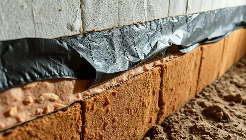 A well-lit, high-resolution photograph of a horizontal foundation insulation system, showcasing a seamless, well-sealed barrier made of durable, high-quality waterproof membrane or bituminous material. The image should capture the intricate details of the installation process, with a focus on the careful overlapping and sealing of the insulation layers to create a robust, moisture-resistant barrier. The scene should convey a sense of precision, attention to detail, and the importance of proper installation for the long-term health and comfort of the building. The overall atmosphere should be one of technical expertise and the understanding that this critical component plays a vital role in the structural integrity and energy efficiency of the structure.