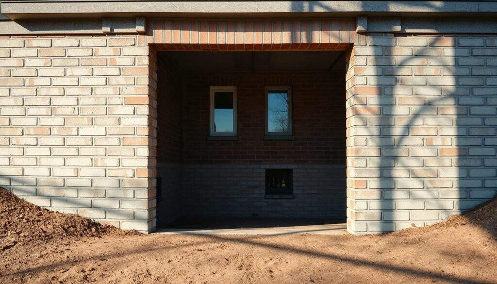 A well-lit, high-resolution photograph of a sturdy, modern residential basement foundation with a visible basement level. The structure is made of reinforced concrete with neatly laid bricks, showcasing a clearly defined entrance and window openings. The image captures the scene from a ground-level perspective, emphasizing the depth and scale of the basement space. The lighting casts long, dramatic shadows, accentuating the architectural details. The overall atmosphere conveys a sense of solidity, functionality, and careful construction, representing the increased cost and value of a home with a basement foundation.