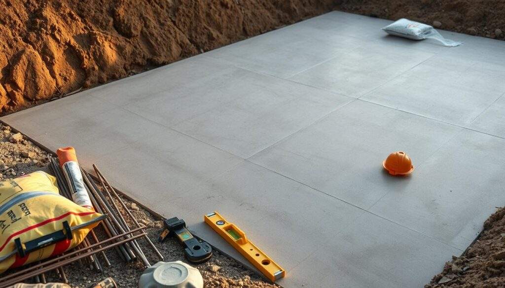 A well-lit, high-resolution photograph taken with an iPhone 16 Pro Max, showcasing the foundation of a 40m2 house. The frame captures the smooth, poured concrete surface, with its uniform texture and precise edges. In the foreground, various construction tools and materials, such as rebar, cement bags, and a spirit level, are neatly arranged, conveying a sense of ongoing work. The middle ground features the partially excavated site, with the surrounding soil providing a natural, earthy backdrop. Soft, directional lighting casts subtle shadows, creating depth and dimension. The overall scene exudes a sense of professionalism and attention to detail, reflecting the current market conditions for constructing a solid, reliable foundation. A well-lit, high-resolution photograph taken with an iPhone 16 Pro Max, showcasing the foundation of a 40m2 house. The frame captures the smooth, poured concrete surface, with its uniform texture and precise edges. In the foreground, various construction tools and materials, such as rebar, cement bags, and a spirit level, are neatly arranged, conveying a sense of ongoing work. The middle ground features the partially excavated site, with the surrounding soil providing a natural, earthy backdrop. Soft, directional lighting casts subtle shadows, creating depth and dimension. The overall scene exudes a sense of professionalism and attention to detail, reflecting the current market conditions for constructing a solid, reliable foundation.