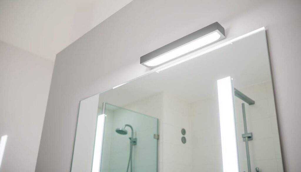 A well-lit vanity mirror setup in a modern bathroom, illuminated by a sleek and minimalist overhead lighting fixture. The mirror is positioned at a comfortable height, with soft, even lighting that casts a warm, flattering glow. The lighting is carefully angled to eliminate shadows and create an ideal environment for applying makeup. The bathroom features clean, contemporary tiles and fixtures, creating a spa-like atmosphere. The overall scene conveys a sense of sophistication and attention to detail, highlighting the importance of proper lighting for achieving flawless makeup application. Oświetlenie lustra w łazience – jak dobrać idealne światło do makijażu