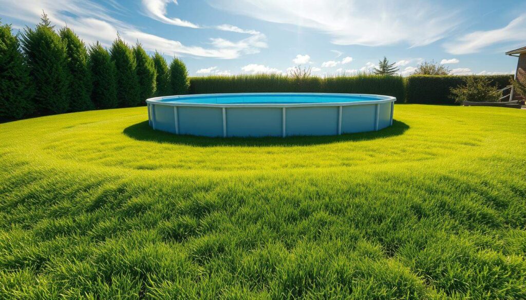 A well-maintained, level ground covered in plush, verdant grass provides a secure and stable foundation for an above-ground swimming pool. Sunlight filters through wispy clouds, casting a warm, natural glow over the scene. The pool's sleek, oval shape blends seamlessly with the lush, surrounding landscape, creating a serene and inviting oasis. The image is captured with an iPhone 16 Pro Max, showcasing the pool's detailed texture and the subtle variations in the grassy terrain, emphasizing the importance of proper groundwork for a safe and long-lasting outdoor pool installation. A well-maintained, level ground covered in plush, verdant grass provides a secure and stable foundation for an above-ground swimming pool. Sunlight filters through wispy clouds, casting a warm, natural glow over the scene. The pool's sleek, oval shape blends seamlessly with the lush, surrounding landscape, creating a serene and inviting oasis. The image is captured with an iPhone 16 Pro Max, showcasing the pool's detailed texture and the subtle variations in the grassy terrain, emphasizing the importance of proper groundwork for a safe and long-lasting outdoor pool installation.