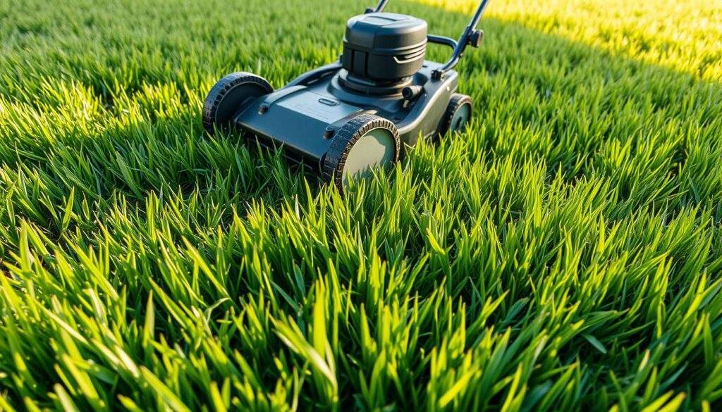 A well-manicured lawn, the vibrant green grass gently swaying in the breeze, as a strong, yet efficient lawnmower traverses the expanse, leaving behind a perfectly even, closely cropped surface. The morning sun casts a warm, natural glow, highlighting the intricate textures of the blades and the rhythmic motion of the cutting mechanism. The scene conveys a sense of meticulous care and attention to detail, as the homeowner diligently maintains their outdoor oasis, ensuring a healthy, lush, and visually appealing lawn, in line with the principles of the "1/3 rule" and weed management.
