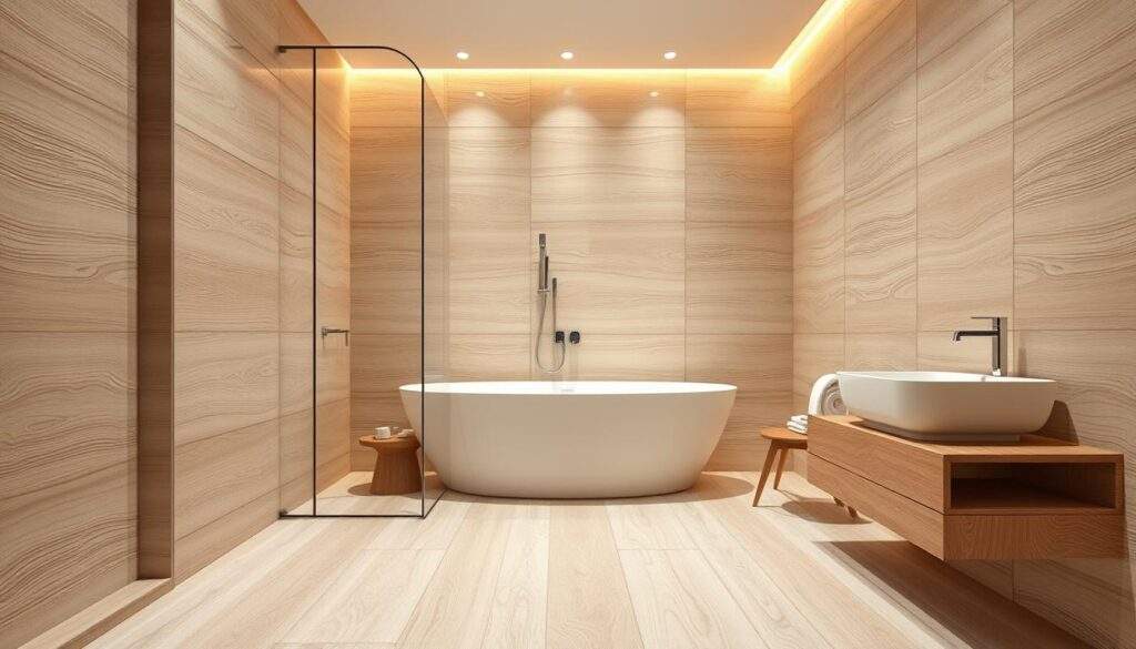 Elegant vinyl panels in a modern bathroom, smooth and water-resistant, capturing the perfect balance of style and functionality. Soft, neutral tones accentuate the natural wood grain, creating a serene and inviting ambiance. Warm lighting casts a gentle glow, highlighting the subtle textures and reflective surfaces. The layout showcases the versatility of LVT, seamlessly integrated into the shower area and along the walls. A high-quality, professional-grade photograph captured with an iPhone 16 Pro Max, showcasing the true beauty and appeal of these innovative vinyl panels.