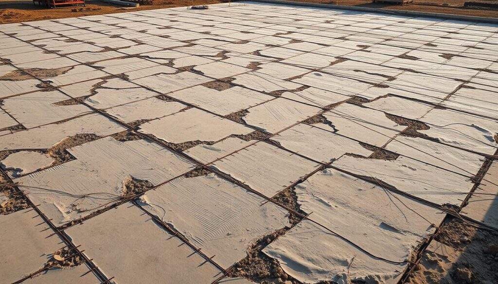 Expansive concrete foundations, sprawling across a vast 150 square meter site, stand as the sturdy bedrock for a forthcoming family home. Reinforced steel rods and expertly poured cement create a solid, level base, ready to support the structure above. Warm, natural lighting filters in, casting long shadows and highlighting the intricate patterns of the freshly laid concrete. The scene conveys a sense of permanence and reliability, hinting at the secure and inviting dwelling that will soon rise from these fundamental groundworks. Captured with the precision of a high-quality iPhone 16 Pro Max camera, this image offers a detailed, true-to-life representation of the essential first step in constructing a modern Polish residence. Ile zapłacisz za fundamenty 150m2