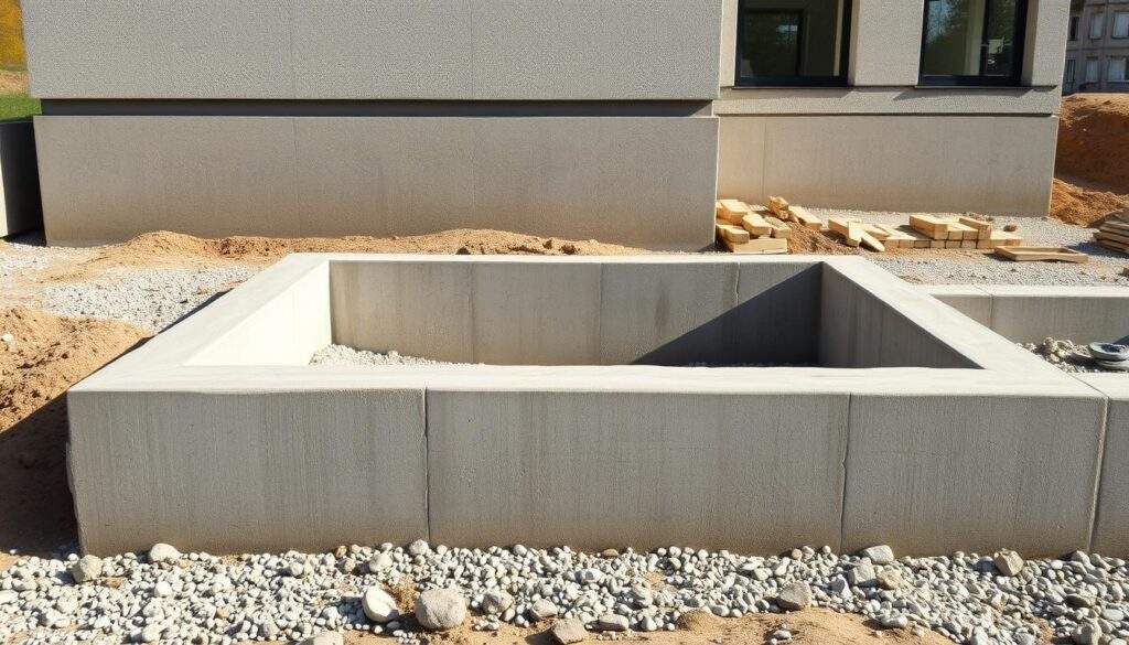 Foundations of a modern 120 sq.m. house in Poland, captured with an iPhone 16 Pro Max. A well-lit scene showcases the robust concrete foundations, partially exposed, with textured surfaces and defined edges. The foundations sit atop a level, lightly gravel-covered plot, conveying a sense of solidity and stability. The overall composition emphasizes the scale and proportions of the foundations, providing a clear visual reference for the costs associated with this crucial structural element of a residential build. Foundations of a modern 120 sq.m. house in Poland, captured with an iPhone 16 Pro Max. A well-lit scene showcases the robust concrete foundations, partially exposed, with textured surfaces and defined edges. The foundations sit atop a level, lightly gravel-covered plot, conveying a sense of solidity and stability. The overall composition emphasizes the scale and proportions of the foundations, providing a clear visual reference for the costs associated with this crucial structural element of a residential build.