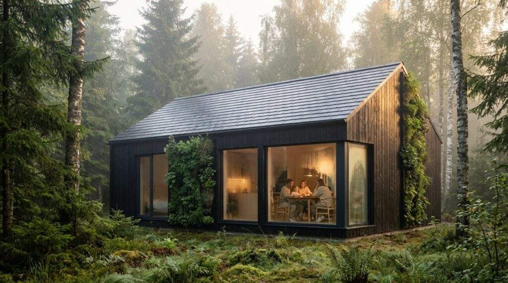 A wide shot of a cutting-edge Zero Emission Building (ZEB) designed with Scandinavian minimalism