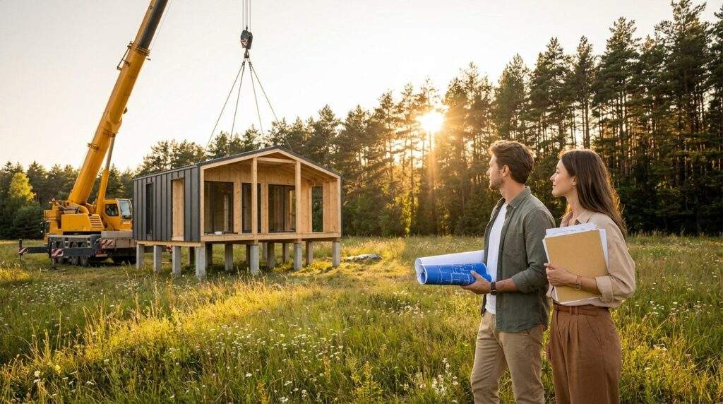 A wide shot at golden hour capturing the assembly of a sleek