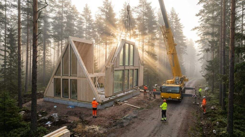 wide shot of a modern prefabricated A-frame house being assembled in a misty Nordic pine forest at sunrise