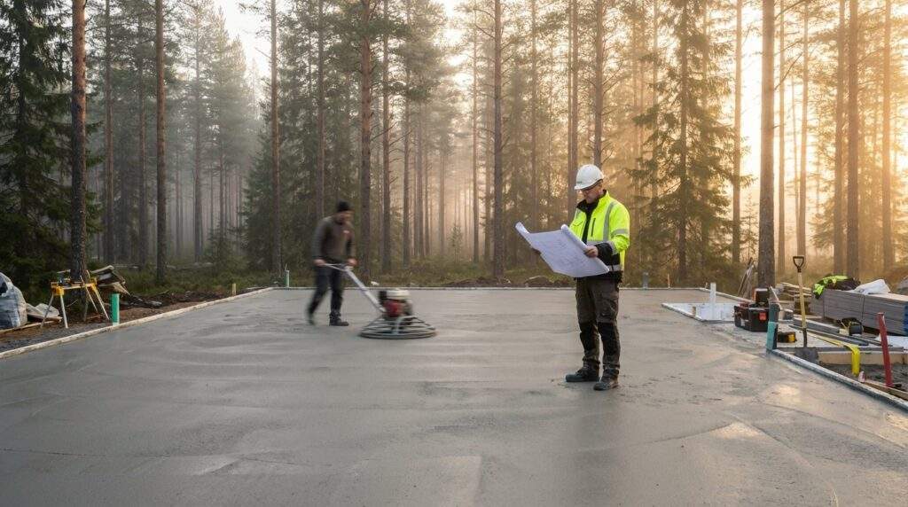 wide shot at golden hour capturing the construction of a modern insulated slab foundation for a prefabricated home