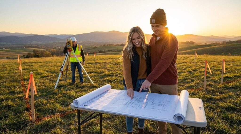 Wide shot of a young couple standing on a scenic