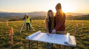 Wide shot of a young couple standing on a scenic