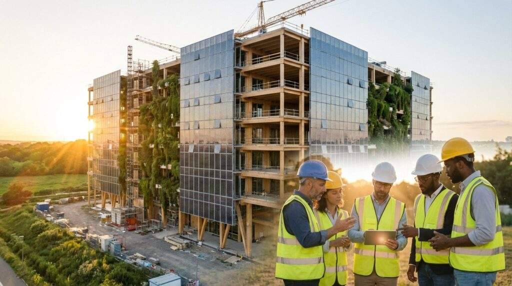 wide shot capturing the construction of a futuristic
