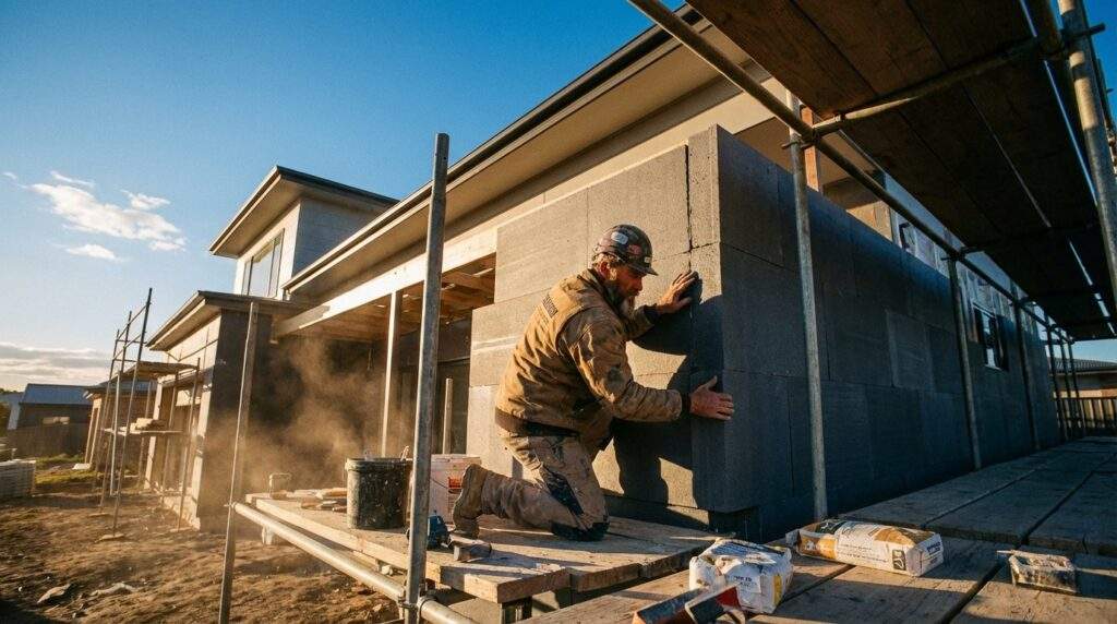Wide-angle environmental portrait of a professional contractor in high-end workwear applying a large grey graphite EPS board to a modern residential exterior. Captured during the golden hour