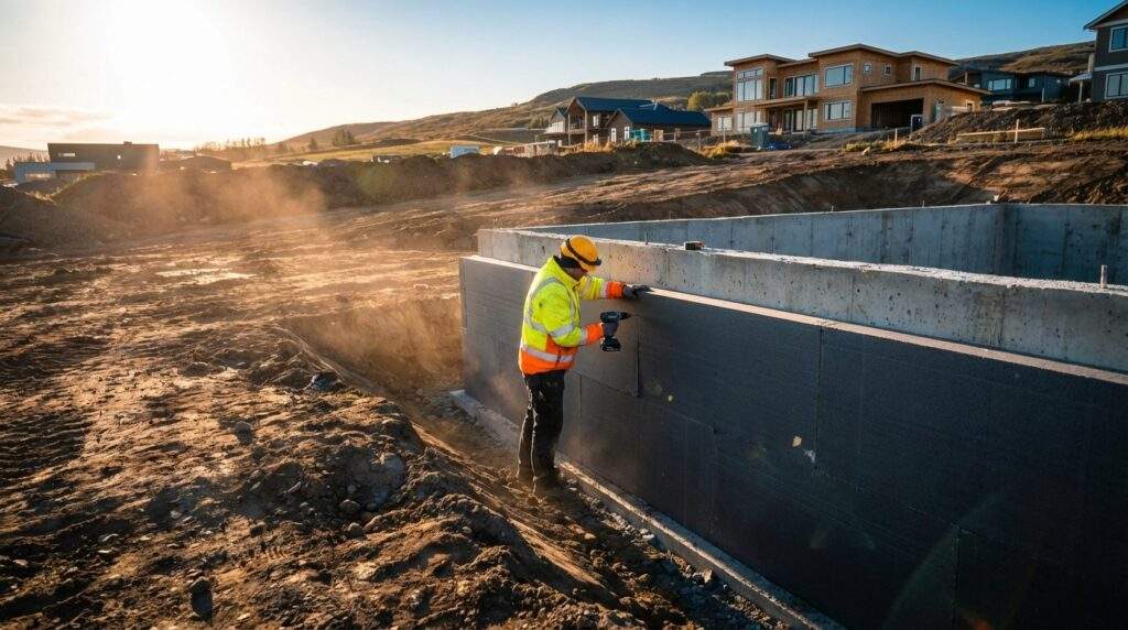 A wide-angle shot by a National Geographic photographer capturing a professional construction worker in high-visibility gear meticulously installing moisture-resistant