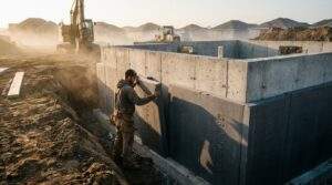 Wide-angle shot of a modern residential construction site during the golden hour