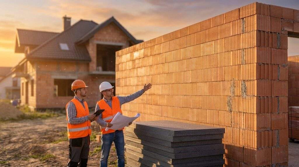 A wide-angle hero shot of a modern residential construction site during the golden hour