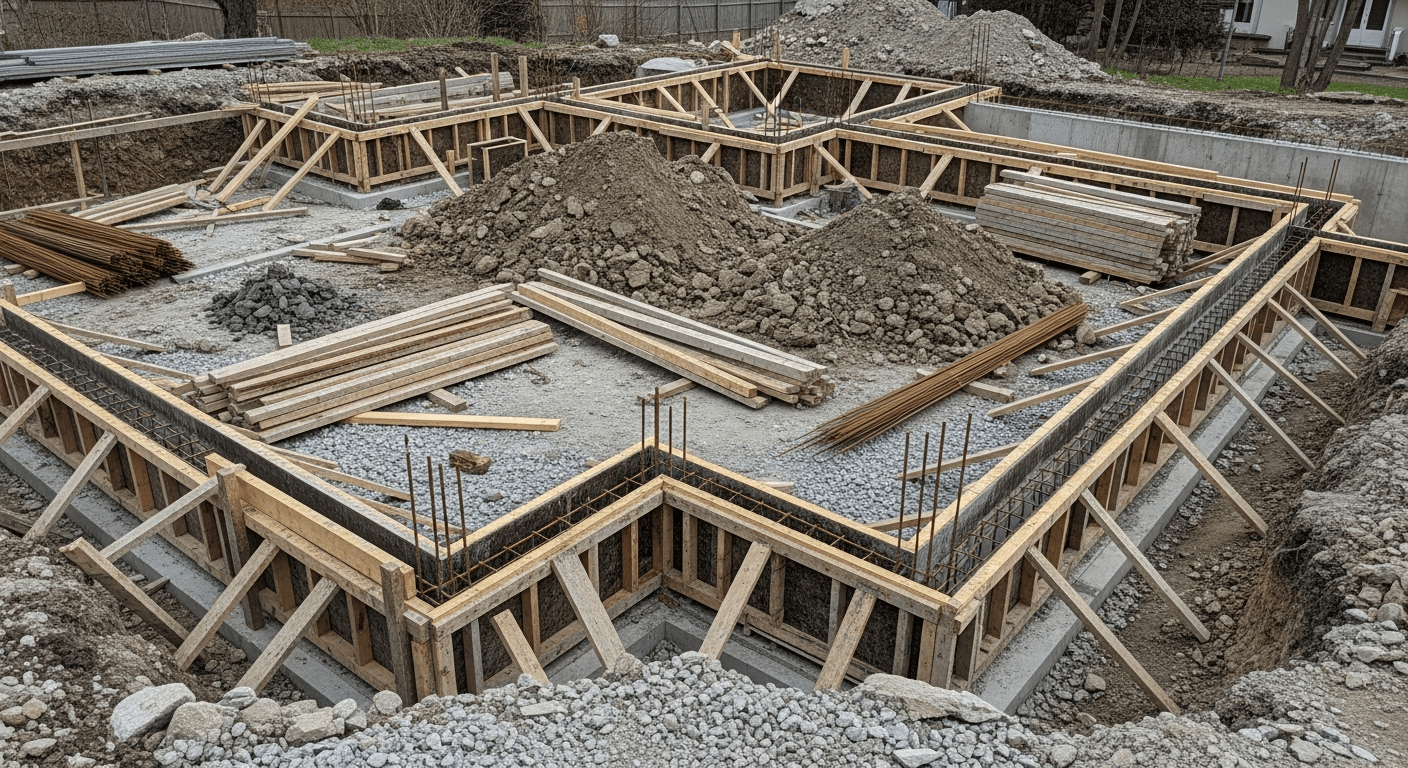 Widok z góry na plac budowy domu jednorodzinnego w stanie surowym, widać wylane ławy fundamentowe, stosy drewna szalunkowego i usypaną ziemię wokół wykopów, naturalne światło dzienne.