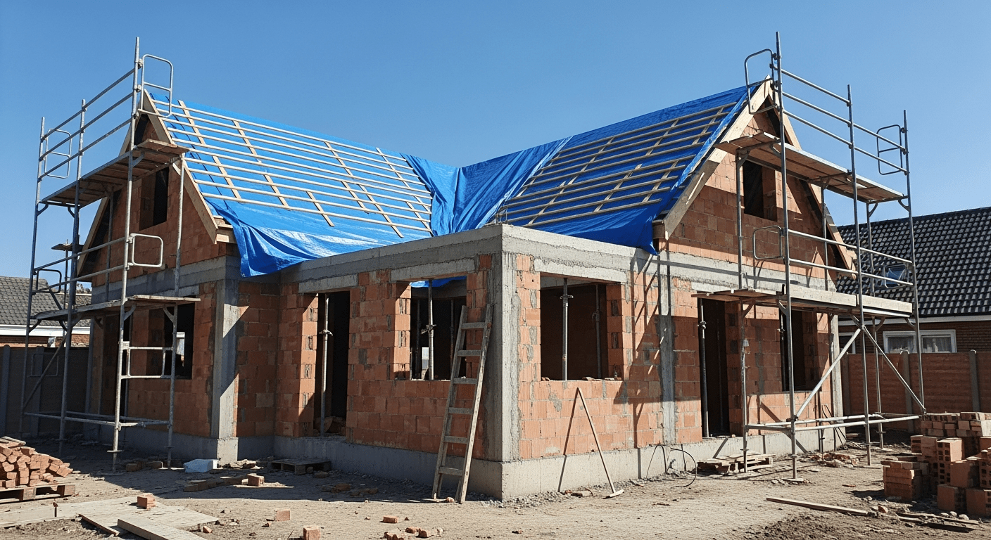 Zdjęcie domu jednorodzinnego w trakcie budowy. Budynek ma postawione mury z pustaków, część dachu jest zabezpieczona niebieską plandeką, w tle widać rusztowania i nieuporządkowany teren budowy.