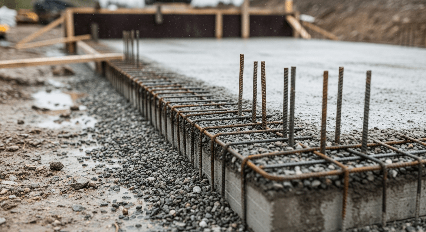 Widok z poziomu gruntu na płytę fundamentową domu w stanie surowym zamkniętym. Widać ułożone zbrojenie, wysypany żwir oraz szalunki z desek w trakcie prac na placu budowy w pochmurny dzień.