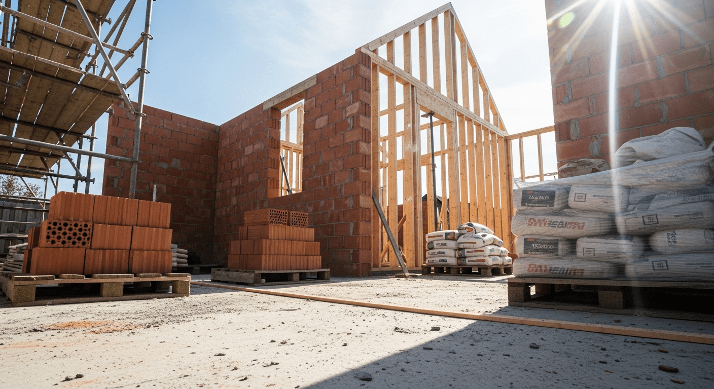 Zbliżenie na postępy prac murarskich przy budowie ścian domu z czerwonej cegły, w tle widać rusztowania oraz palety z materiałami budowlanymi w świetle popołudniowego słońca.