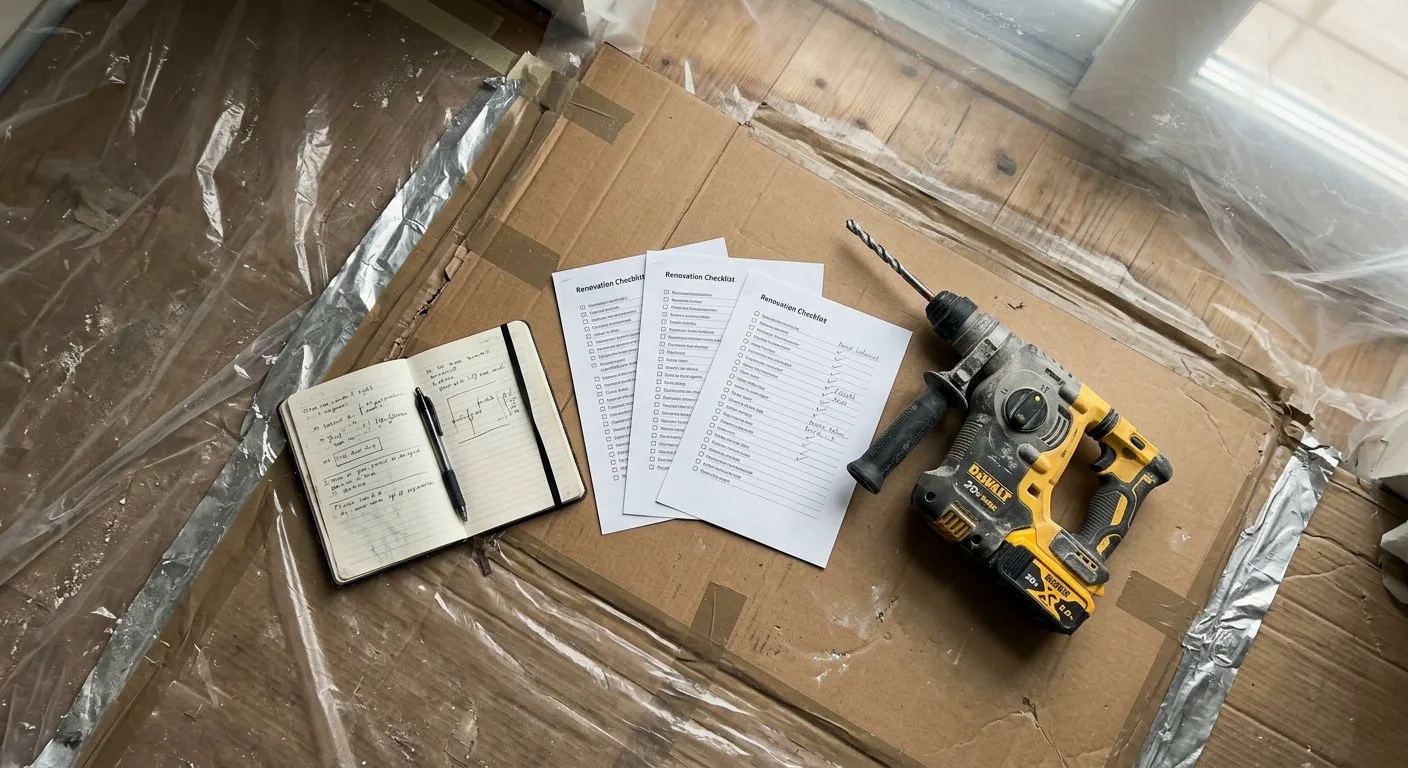 Remontujący precyzyjnie zaznacza taśmą i markerem przyszłe punkty hydrauliczne na nieotynkowanej ścianie.
